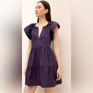Marie Chantal Deep Purple Flutter-Sleeve Tiered Mini Dress